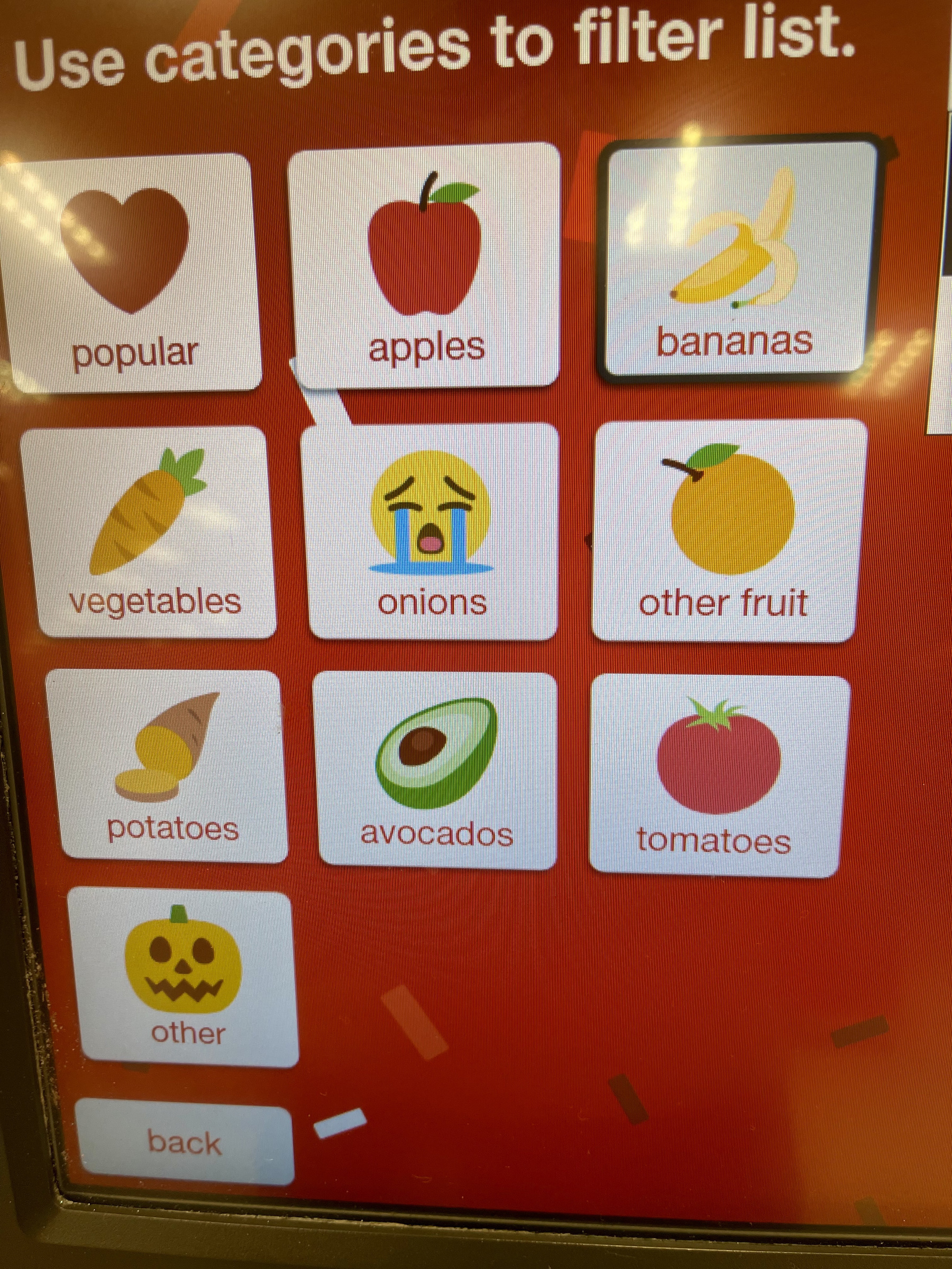 Picture of the self-checkout shopping interface at Target department store for choosing the produce category